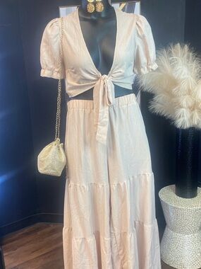 Two-Piece Tie Front Crop Top and Tiered Maxi Skirt Set - Light Blush